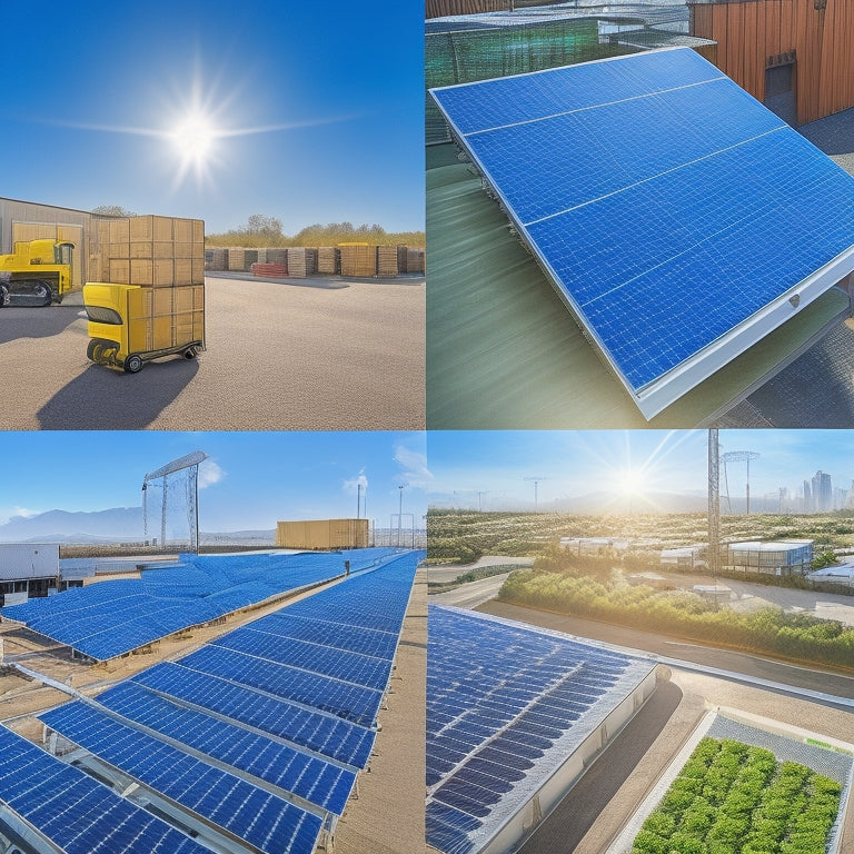 A bustling online marketplace featuring high-quality solar panels, vibrant green energy icons, and secure shopping carts, set against a backdrop of a sunlit warehouse filled with neatly stacked pallets of solar equipment.