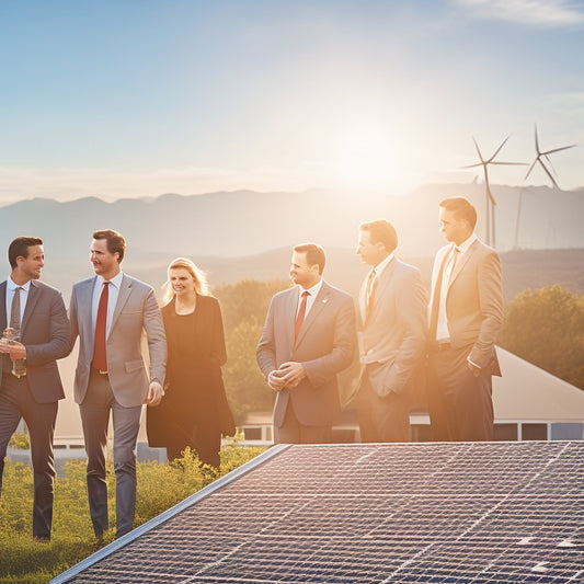 A vibrant solar panel installation on a rooftop, surrounded by lush greenery, wind turbines in the background, and a diverse group of business professionals discussing energy strategies, all bathed in warm sunlight.