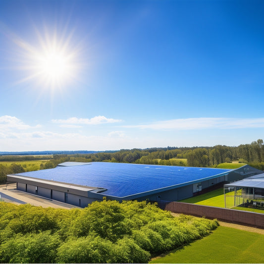 A serene landscape featuring a modern commercial building with sleek, black solar panels installed on its rooftop, surrounded by lush greenery and a bright blue sky with a few puffy white clouds.