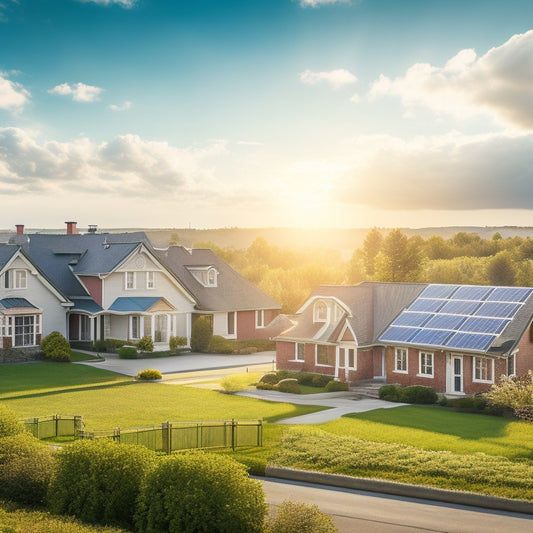 A serene landscape with a row of houses, each with sleek solar panels installed on their rooftops, set against a bright blue sky with fluffy white clouds and a subtle sunburst.