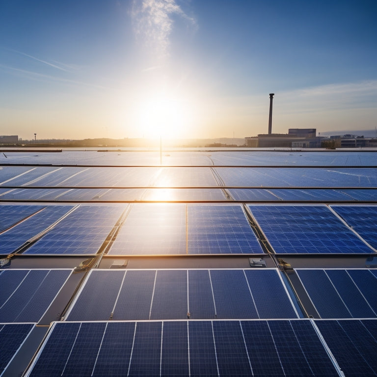 High-tech industrial solar panels glistening under bright sunlight on a vast commercial rooftop, with a backdrop of a modern industrial complex and a clear blue sky.