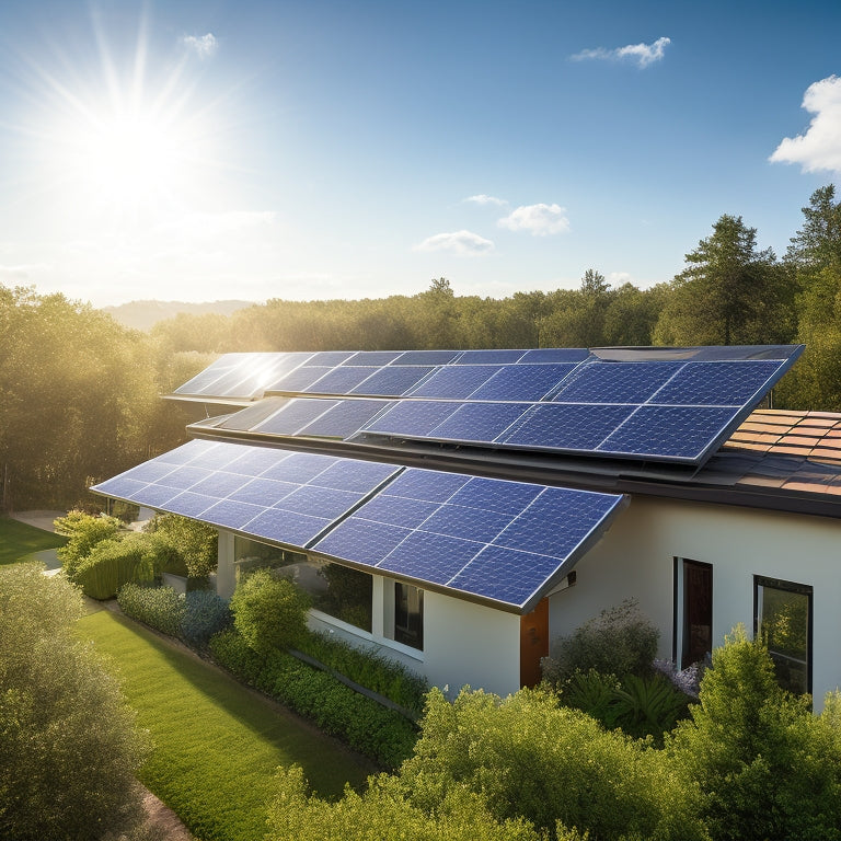 A serene residential rooftop with three to five solar panels installed, angled towards the sun, amidst a subtle blue sky with a few puffy white clouds, surrounded by lush green trees.