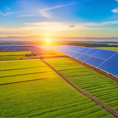 A panoramic landscape showcasing a vibrant solar farm with gleaming panels under a bright blue sky, surrounded by lush green fields, and a distant city skyline, symbolizing the harmony between technology and nature.