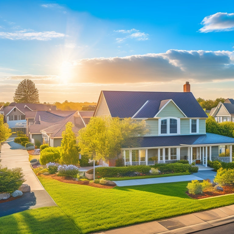 A serene suburban neighborhood with a mix of traditional and modern homes, some with solar panels installed, amidst a clear blue sky with a few fluffy white clouds and a subtle sunburst.