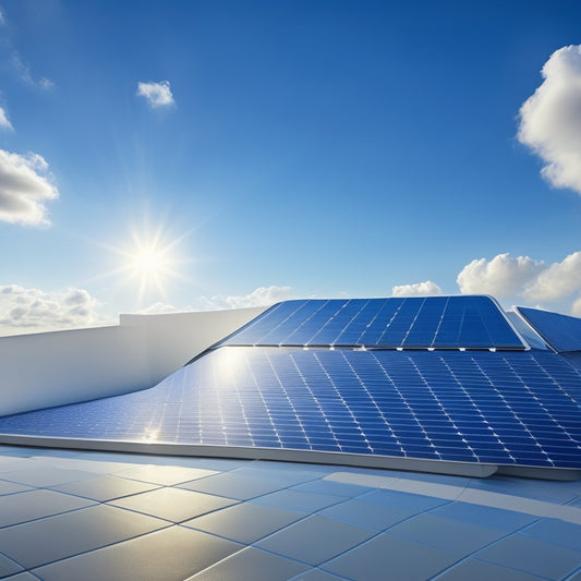A futuristic, minimalist illustration of a sleek, silver rooftop covered in thin, hexagonal solar cells, with a subtle, gradient blue sky and wispy, white clouds in the background.
