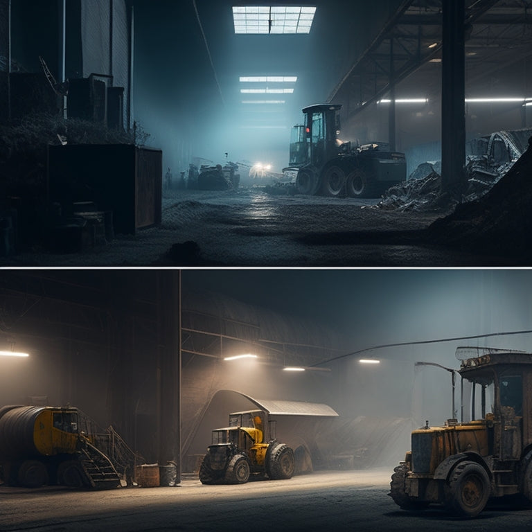 A split-screen image with a cluttered, dusty, and dimly lit industrial area on the left, contrasted with a clean, well-lit, and organized area on the right, featuring sparkling machinery and efficient workflow.