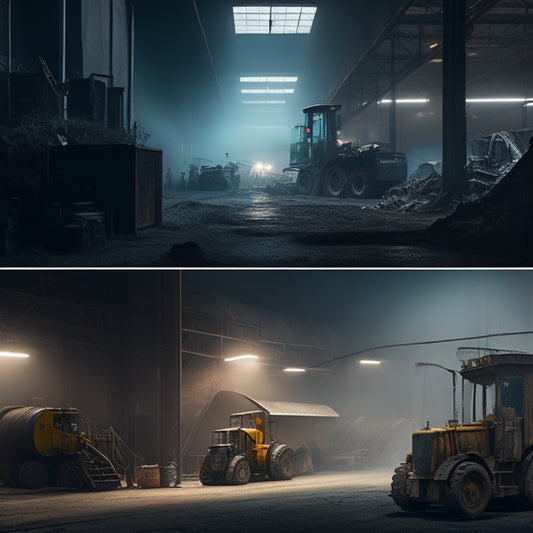 A split-screen image with a cluttered, dusty, and dimly lit industrial area on the left, contrasted with a clean, well-lit, and organized area on the right, featuring sparkling machinery and efficient workflow.