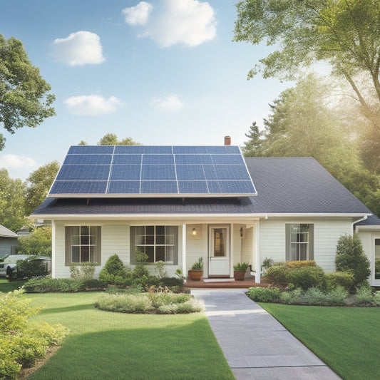 A serene suburban home with a mix of sunny and shaded roof sections, featuring a partially installed solar panel array with measuring tape and calculator nearby, surrounded by scattered roof tiles and tools.