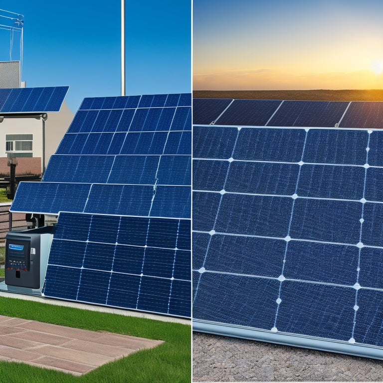 A split-screen image featuring a rooftop solar panel array with a subtle grid pattern in the background, alongside a detailed illustration of a solar inverter, mounting hardware, and wiring components.