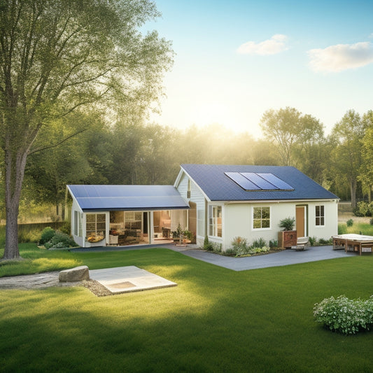 A serene backyard scene with a single-story house, a few trees, and a sunny sky, featuring a DIY solar panel installation in progress, with tools and equipment scattered around.