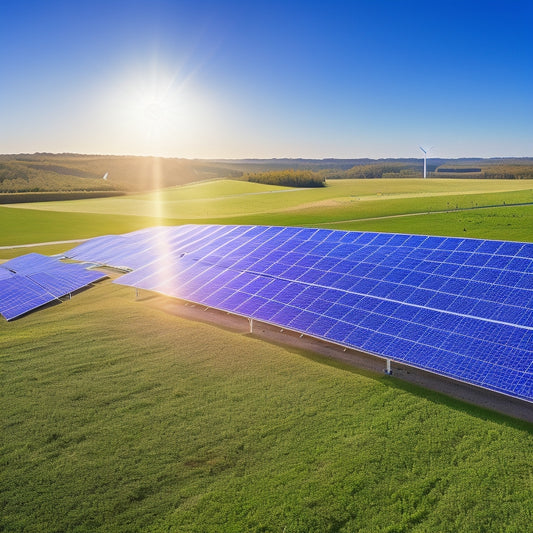 A vibrant solar farm with rows of solar panels glistening under the sun, wind turbines spinning gently in the background, and a small business with a green roof, surrounded by lush vegetation and clear blue sky.