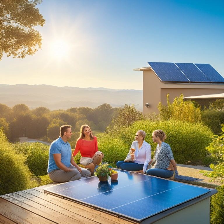 A serene rooftop landscape under a bright sun, featuring solar panels glistening, surrounded by lush greenery. A family discusses options with a solar consultant, with a clear blue sky above, symbolizing hope and sustainability.