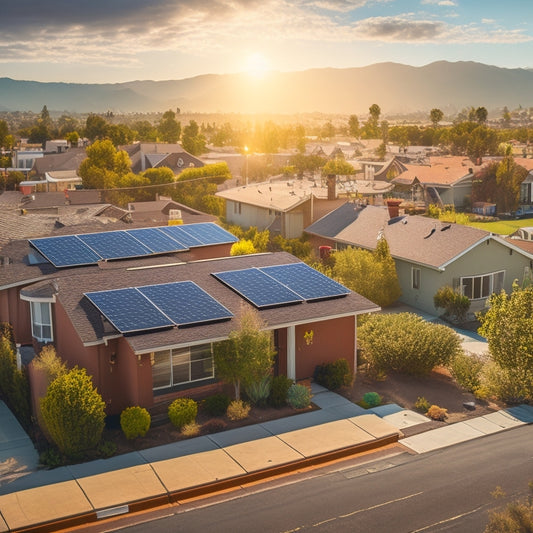 A sunny California neighborhood with rooftops covered in solar panels, happy residents enjoying their eco-friendly homes, and green energy savings depicted through glowing dollar signs and eco-friendly symbols in the air.