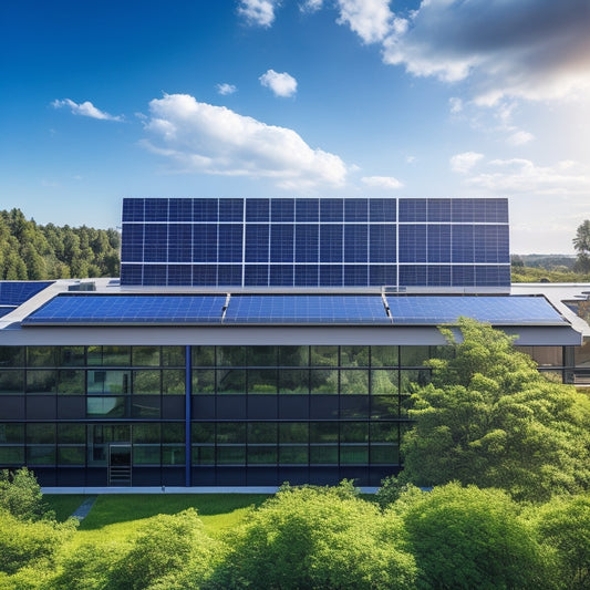 A modern office building with a sleek, black glass façade, surrounded by lush greenery, with a sprawling rooftop solar panel system gleaming in the sunlight, amidst a bright blue sky with puffy white clouds.