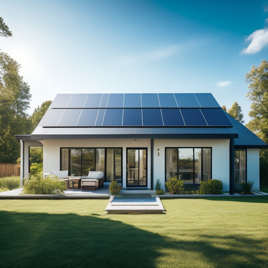 A serene, sunny day with a modern suburban house featuring a sleek, black solar panel array on the roof, surrounded by lush greenery and a bright blue sky with fluffy white clouds.