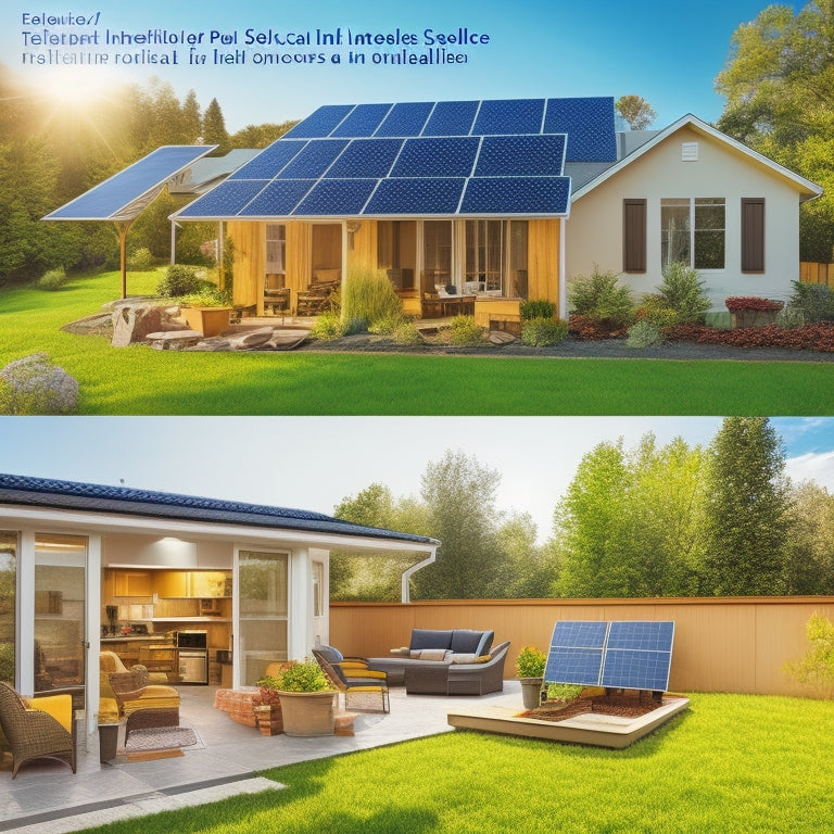 A split-screen image featuring a sunny backyard with solar panels installed on the roof on one side, and a detailed diagram of a solar panel's internal components on the other.