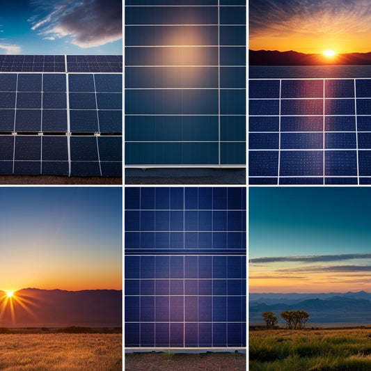 A split-screen image featuring five distinct solar panel systems, each with 36 panels, showcasing varying panel sizes, frame colors, and mounting styles against a subtle gradient sunset background.