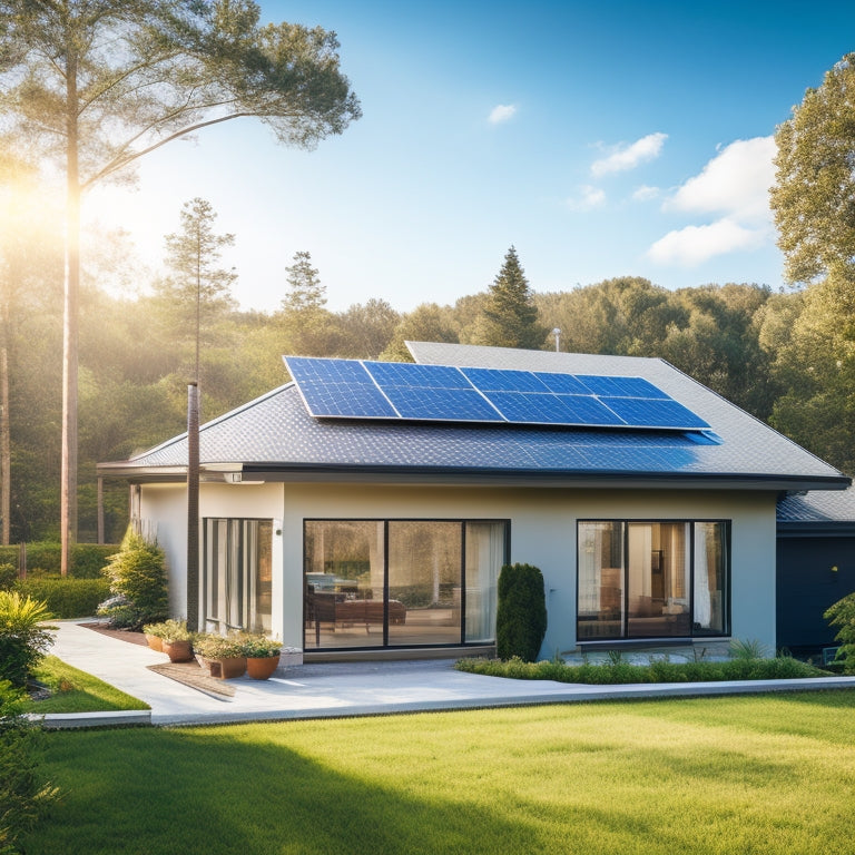 A serene, modern suburban home with a sloping roof, covered in a mix of black and silver solar panels, surrounded by lush greenery and a bright blue sky with a few white, puffy clouds.