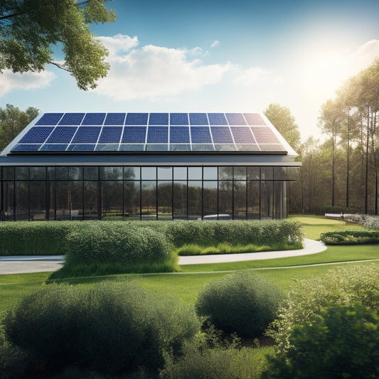 A modern commercial building with solar panels on the roof, bright sunlight reflecting off the panels, surrounded by greenery, showcasing energy-efficient design features like large windows and a sustainable landscape.