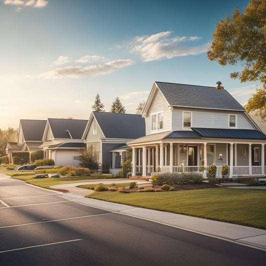 A serene suburban street with five houses, each with a different solar panel installation, varying in size and style, with a subtle sun shining down and a faint grid pattern in the background.
