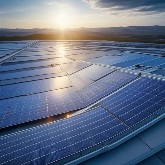 A futuristic rooftop with sleek, high-efficiency solar panels in shades of dark blue and silver, angled to maximize sunlight absorption, with a subtle grid pattern and a hint of morning dew.
