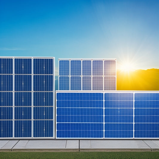 A variety of commercial solar panels displayed against a digital backdrop with price tags, highlighting their affordability. Bright, sunny background with solar panels in different sizes and configurations, emphasizing cost-effective options.