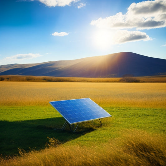A solitary solar panel, angled at 45 degrees, sits atop a grassy hill, surrounded by a subtle grid pattern, with a faint blue sky and wispy white clouds in the background.