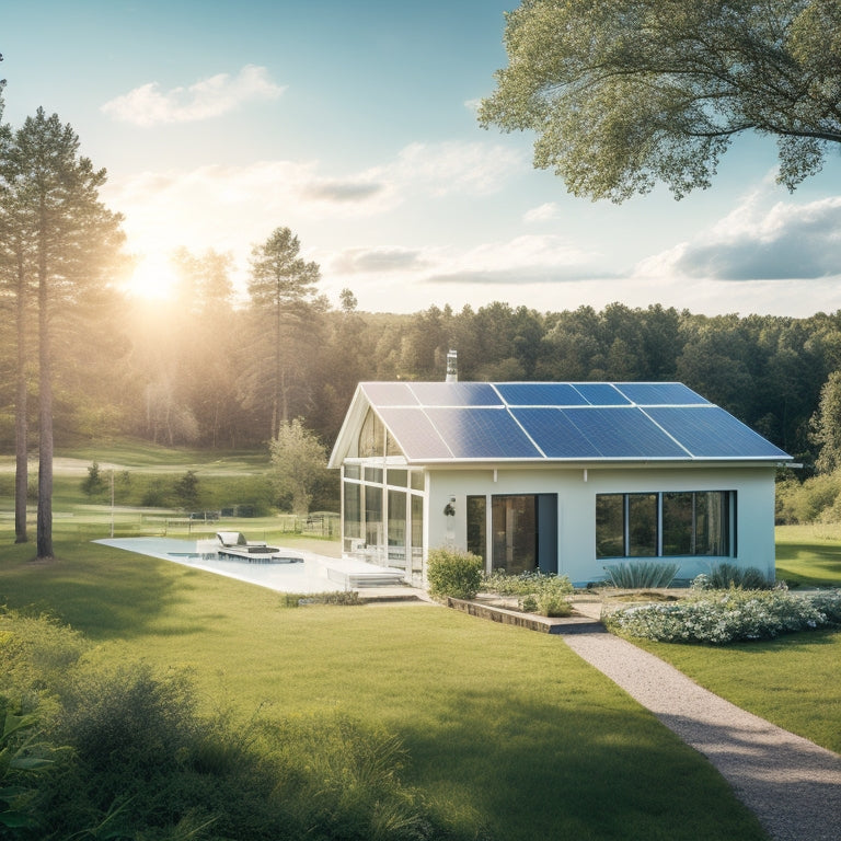 A serene landscape with a modern house in the distance, surrounded by lush greenery, with a subtle grid of solar panels on the roof, under a bright blue sky with a few white, puffy clouds.