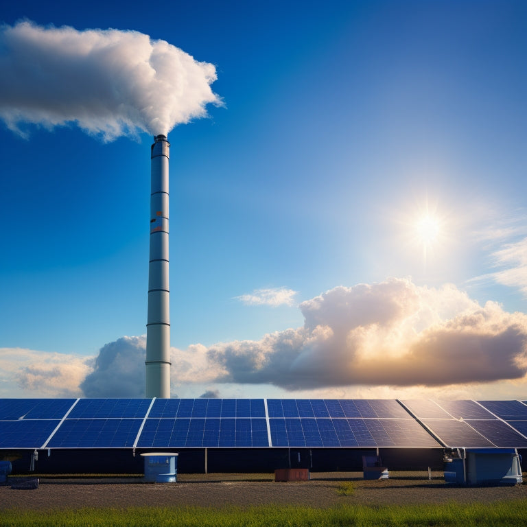 An illustration comparing a sleek, modern solar panel array set against a bright blue sky, alongside a contrasting, industrial smokestack emitting dark clouds and pollution.