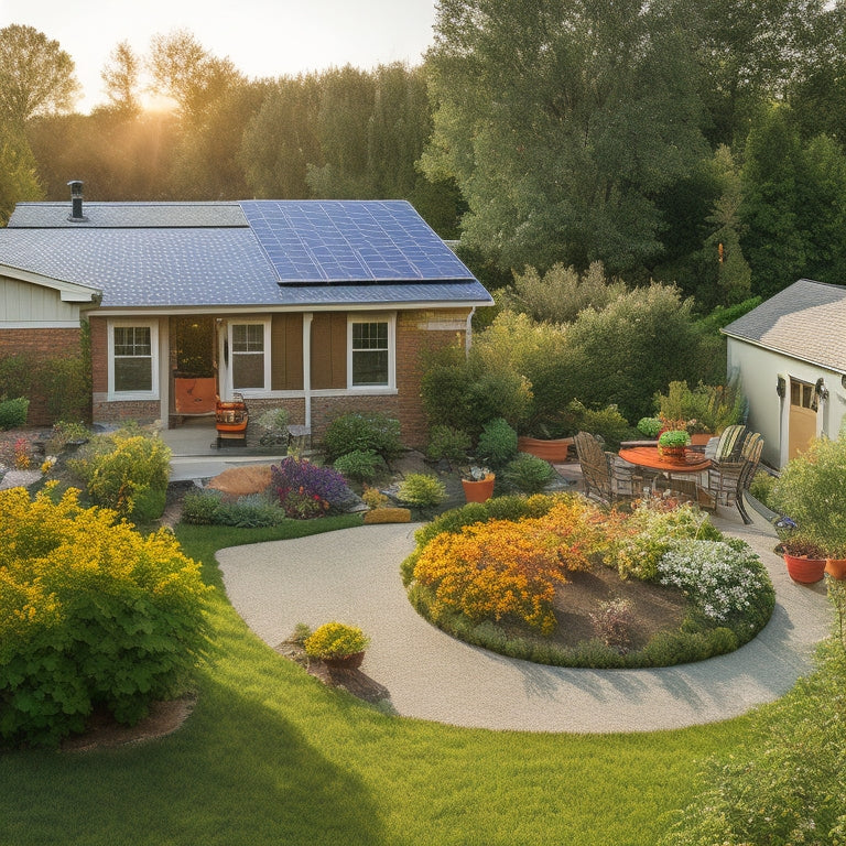 A serene suburban backyard featuring solar panels on a roof, a small wind turbine, a vibrant vegetable garden, and a rainwater harvesting barrel, all bathed in warm sunlight, illustrating a sustainable lifestyle.