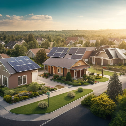 An illustration of a suburban neighborhood with various residential homes, each with different solar panel installations, showcasing varying roof angles, panel sizes, and surrounding vegetation.