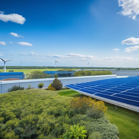 A modern business rooftop adorned with sleek solar panels, surrounded by vibrant greenery, blue sky, and fluffy white clouds. Nearby, a wind turbine spins gently, emphasizing sustainability and harmony with nature.