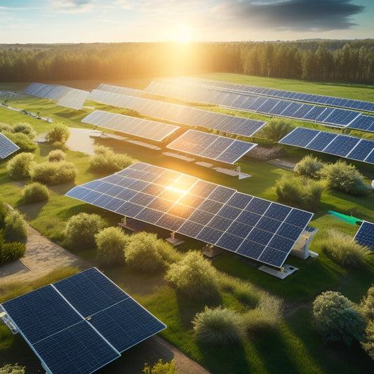 A futuristic solar farm showcasing advanced solar panels, drones for maintenance, and a bright sunlit sky, surrounded by lush greenery and innovative solar-powered buildings, emphasizing sustainability and cutting-edge technology.