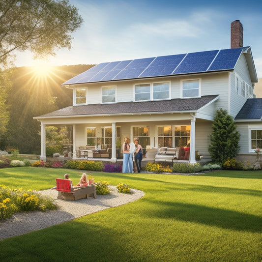 A sunlit suburban home with solar panels glistening on the roof, surrounded by lush green grass, blooming flowers, and a family enjoying a picnic, emphasizing the harmony of nature and renewable energy savings.