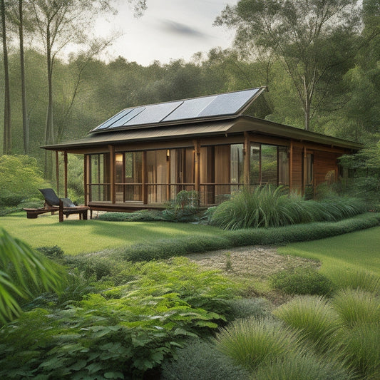 A cozy home constructed from bamboo and reclaimed wood, surrounded by a lush garden of native plants; solar panels on the roof, large windows allowing natural light, and a rainwater collection system in view.