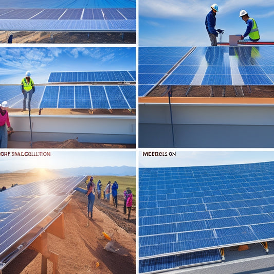 An illustration depicting a rooftop with a solar array installation process in three stages: 1) a worker measuring and marking the roof, 2) a team assembling and connecting panels, and 3) a completed array with sunlight shining down.