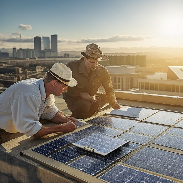 A sunlit rooftop with solar panels, a hand holding a clipboard with checkboxes, a magnifying glass over a panel, a calendar, a clock, and a document with a signature.