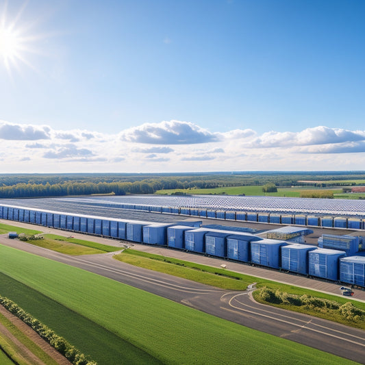 Aerial view of a sprawling industrial park with rows of warehouses and factories, topped with sleek solar panels, surrounded by greenery, with a bright blue sky and fluffy white clouds.