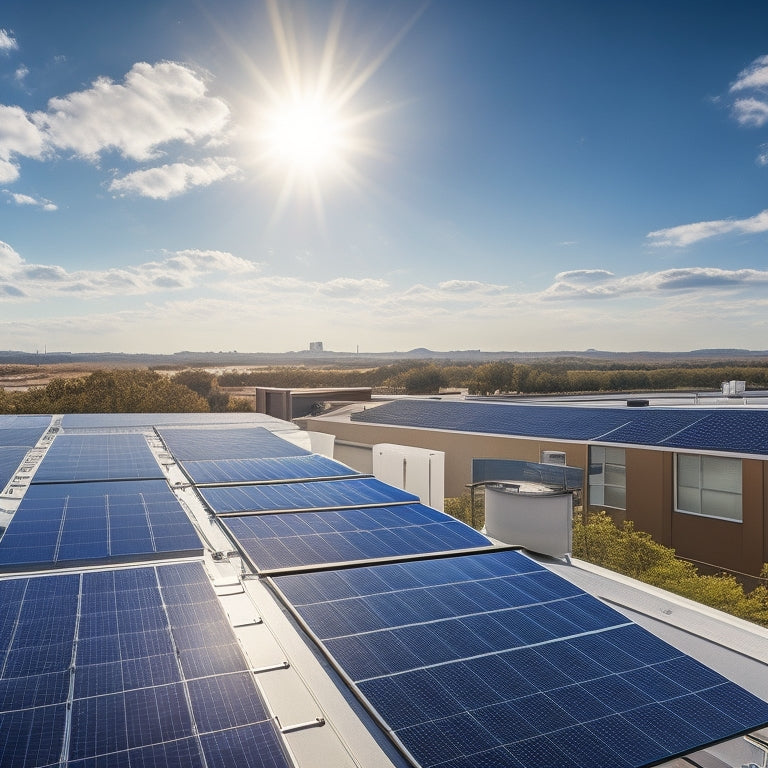 A serene, sun-drenched rooftop with sleek, black solar panels installed at a 30-degree angle, surrounded by neatly arranged electrical equipment and wiring, set against a bright blue sky with fluffy white clouds.