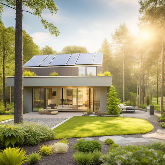 A modern home with sleek solar panels on the roof, surrounded by lush greenery. Sunlight reflects off the panels, while energy-efficient windows showcase a bright interior. A vibrant garden flourishes nearby, symbolizing sustainability.