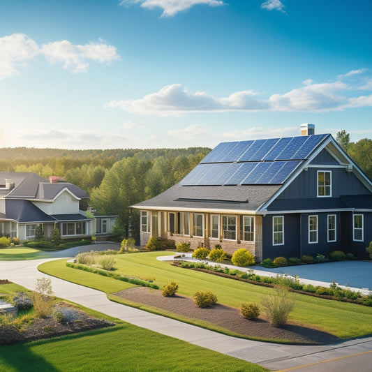 A serene suburban landscape with multiple modern homes under construction, each featuring sleek black solar panels integrated into their rooftops, amidst a bright blue sky with few wispy clouds.