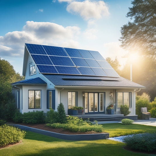 A serene suburban home with a sleek, modern solar panel array on the roof, surrounded by lush greenery and a bright blue sky with a few puffy white clouds.