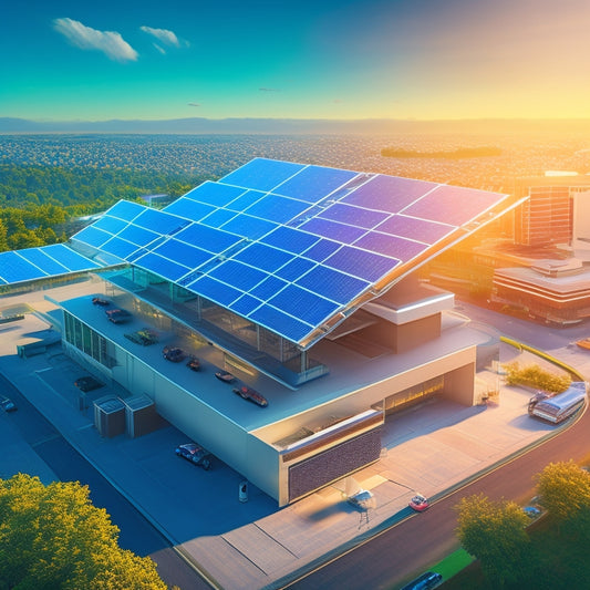 A futuristic illustration of a large commercial building with a sprawling solar panel rooftop, surrounded by a network of sleek, modern monitoring systems and data analytics screens.