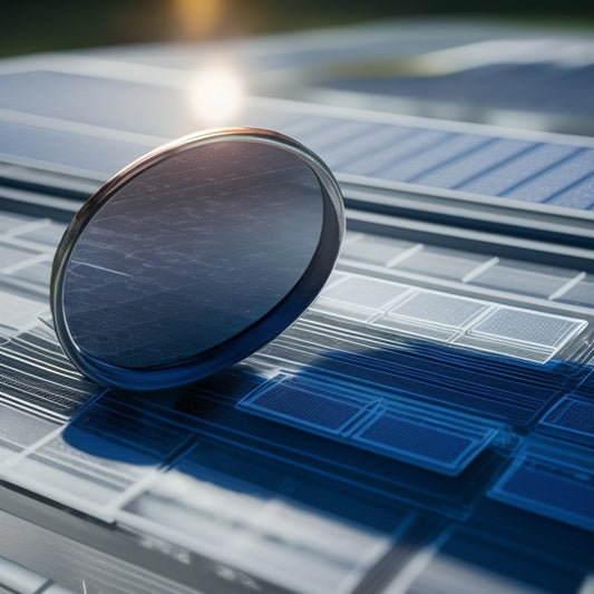 An illustration of a single solar panel with a subtle grid pattern in the background, featuring a magnifying glass hovering above it, highlighting a single cell with a faint dollar sign symbol.