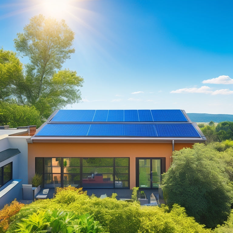 A sun-drenched rooftop adorned with sleek solar panels, surrounded by lush greenery, a modern home in the background, and a vibrant blue sky overhead, illustrating sustainable energy independence and efficiency.