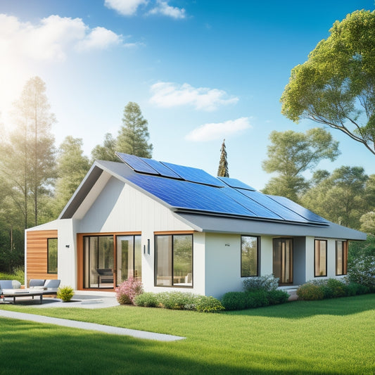 A modern, sleek, eco-friendly suburban home with a mix of solar panels on the roof, surrounded by lush greenery and a bright blue sky with few puffy white clouds.