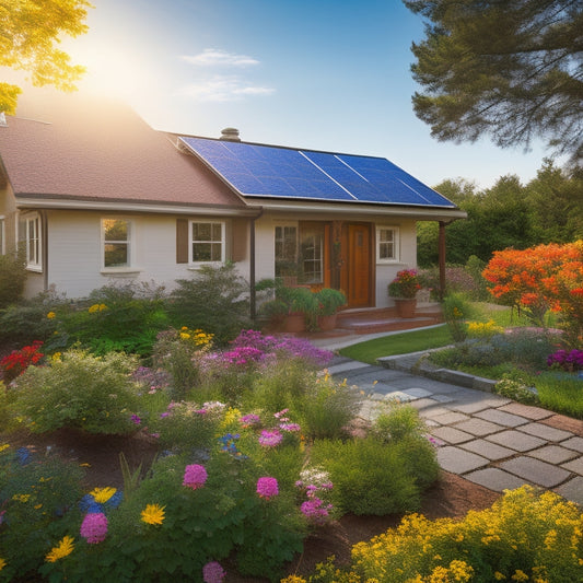 A serene, sunny backyard with a small, modern house, featuring a prominent solar panel array on the roof, surrounded by lush greenery and a few scattered, colorful flowers.