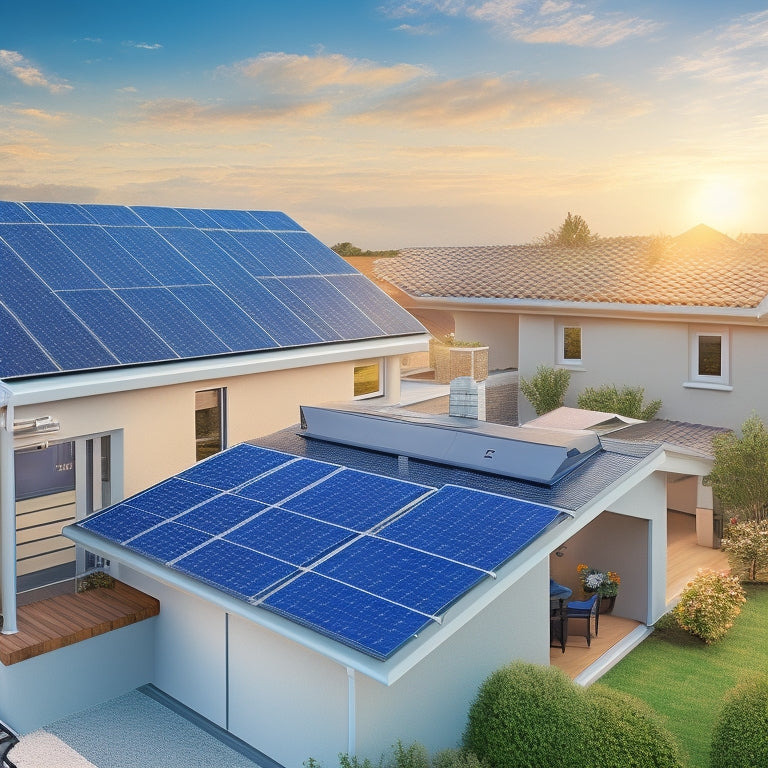 An illustration of a residential rooftop with various solar equipment, including a solar panel array, inverter, mounting system, and electrical panel, showcasing the necessary components for a complete installation.