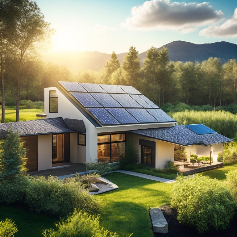 A vibrant landscape featuring a modern home with sleek solar panels on the roof, surrounded by lush greenery, sunny skies, and energy-efficient appliances, illustrating sustainability and innovation in solar energy solutions.