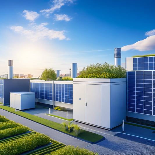 A futuristic illustration of a commercial building with a rooftop garden, surrounded by sleek, modern energy storage units, with sleek wires and circuits connecting them, set against a bright blue sky.